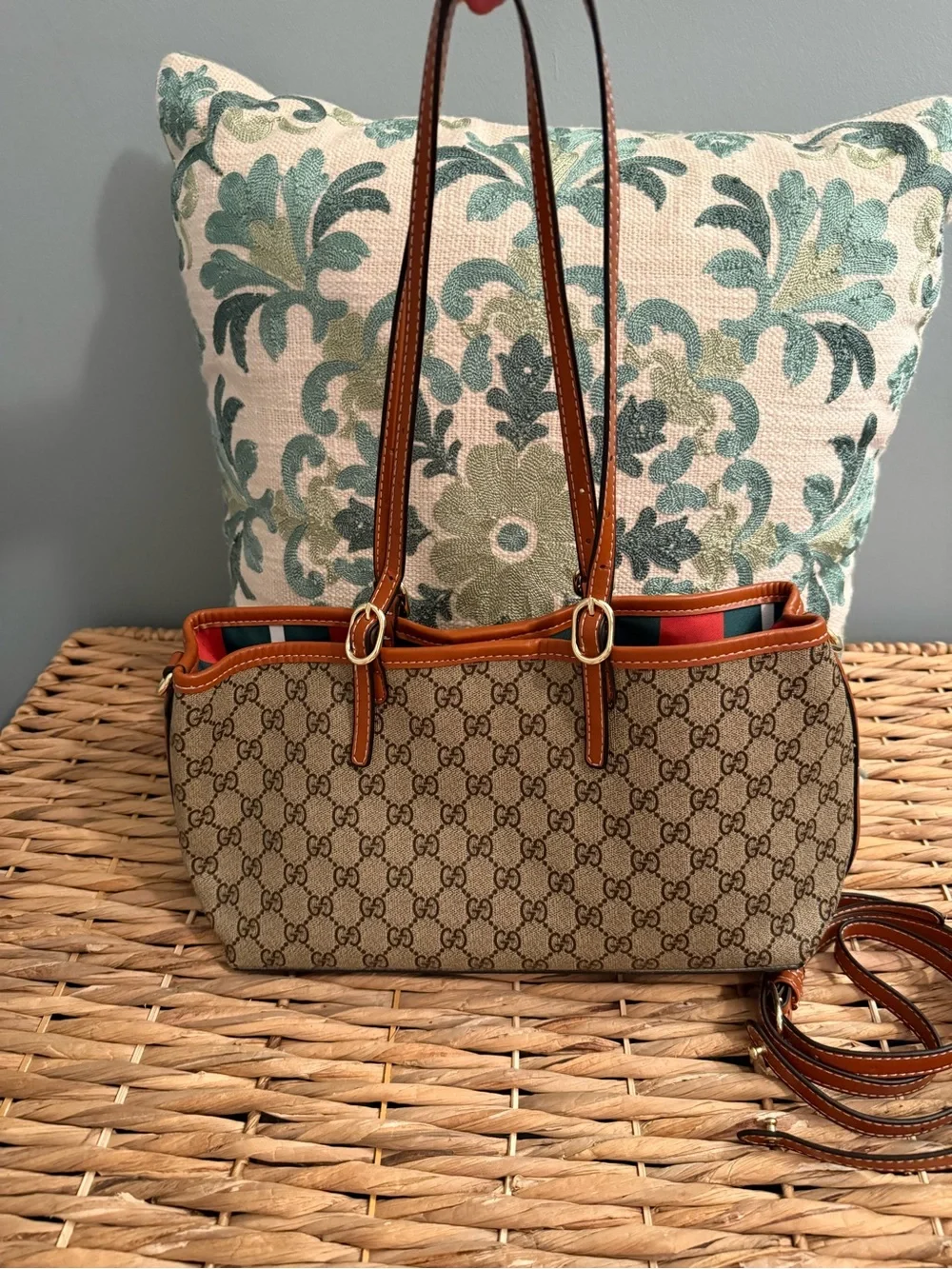 Beige GG Supreme Canvas Tote with Brown Leather Trim